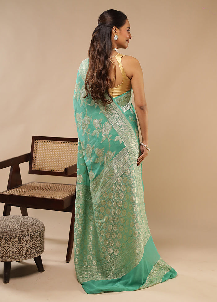Green Handloom Pure Georgette Saree With Blouse Piece