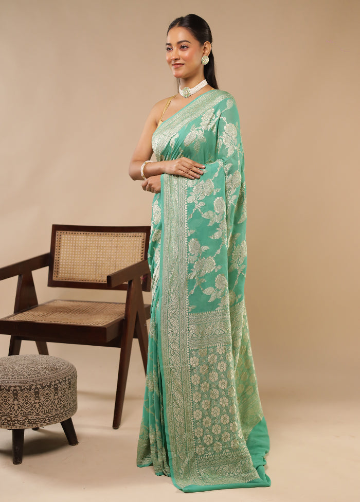 Green Handloom Pure Georgette Saree With Blouse Piece