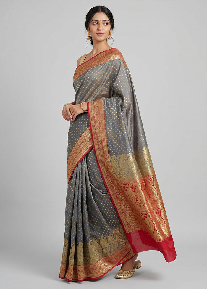 Grey Banarasi Silk Saree With Blouse Piece