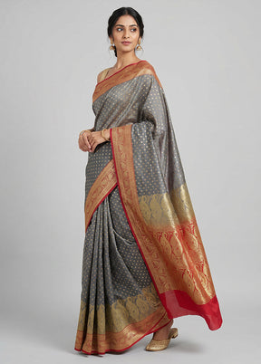 Grey Banarasi Silk Saree With Blouse Piece