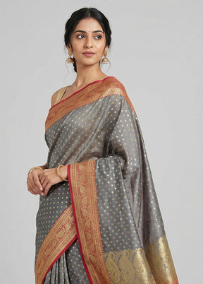 Grey Banarasi Silk Saree With Blouse Piece