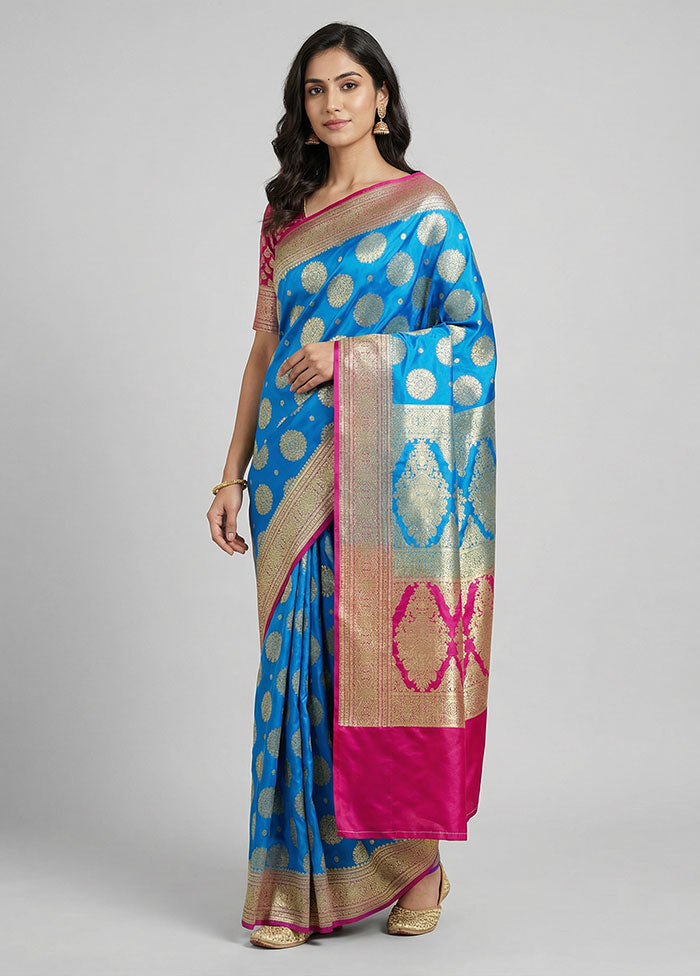 Blue Banarasi Silk Saree With Blouse Piece
