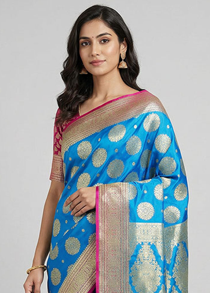 Blue Banarasi Silk Saree With Blouse Piece