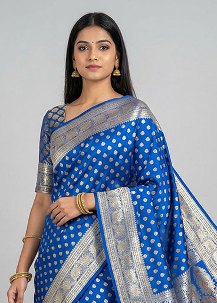 Blue Handloom Banarasi Pure Silk Saree With Blouse Piece