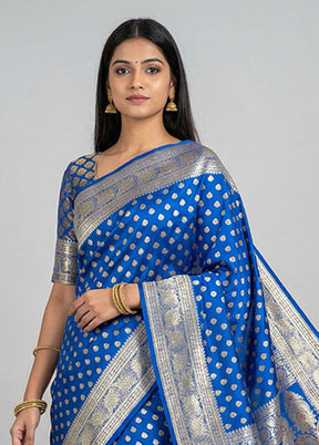 Blue Handloom Banarasi Pure Silk Saree With Blouse Piece