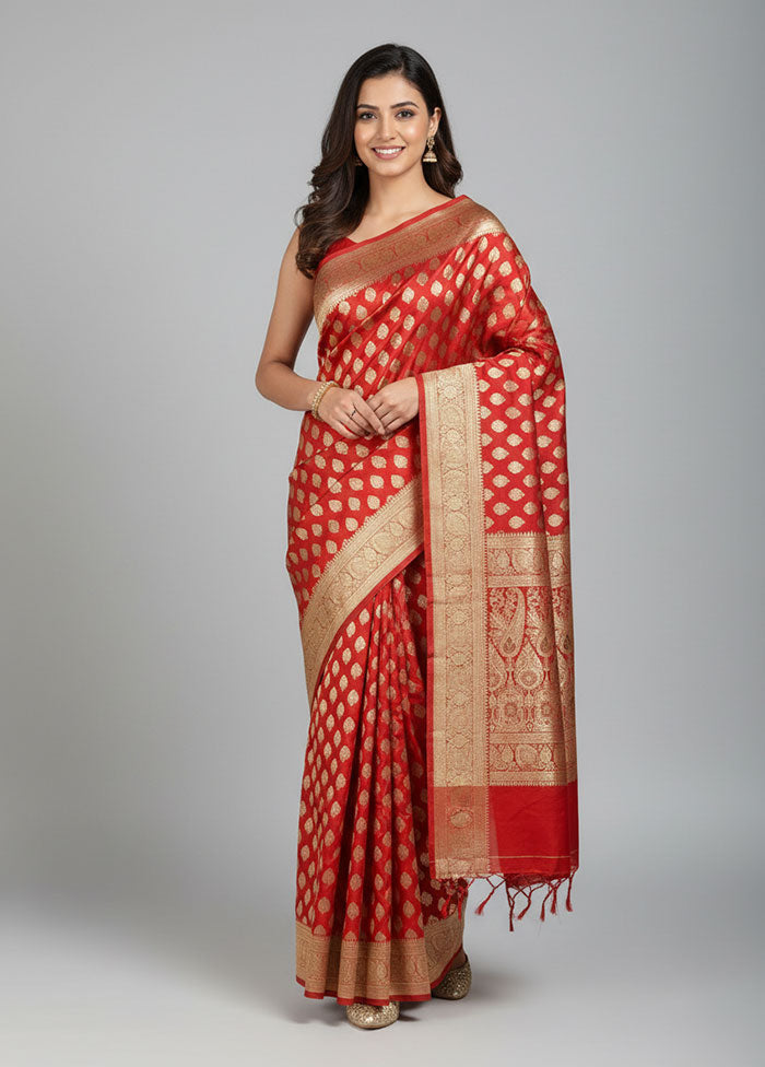 Red Handloom Banarasi Pure Silk Saree With Blouse Piece