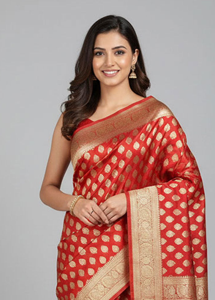 Red Handloom Banarasi Pure Silk Saree With Blouse Piece