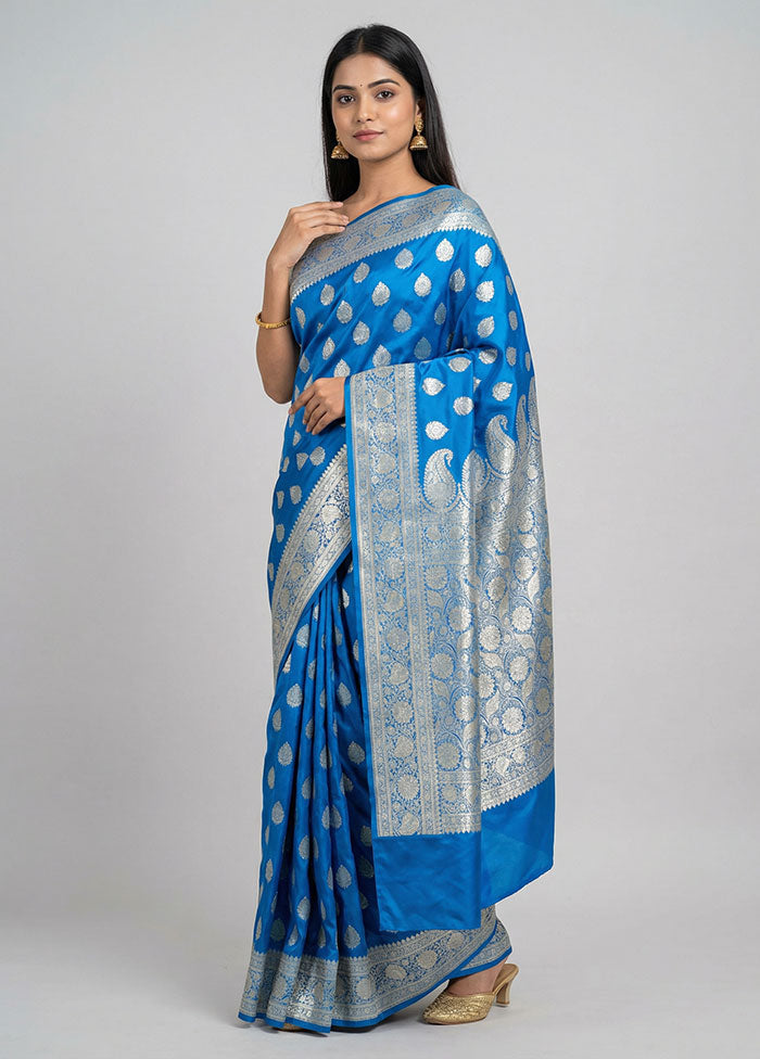 Blue Handloom Banarasi Pure Silk Saree With Blouse Piece