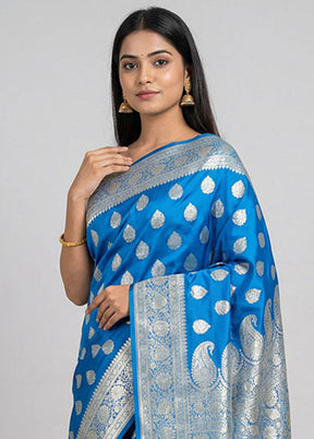 Blue Handloom Banarasi Pure Silk Saree With Blouse Piece