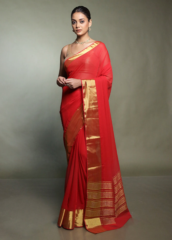 Red Chiffon Silk Saree With Blouse Piece