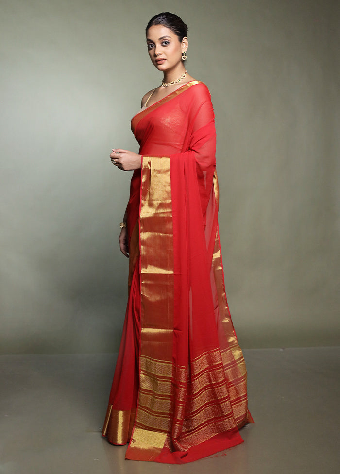 Red Chiffon Silk Saree With Blouse Piece