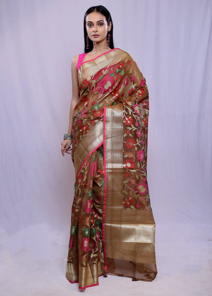 Maroon Organza Saree With Blouse Piece