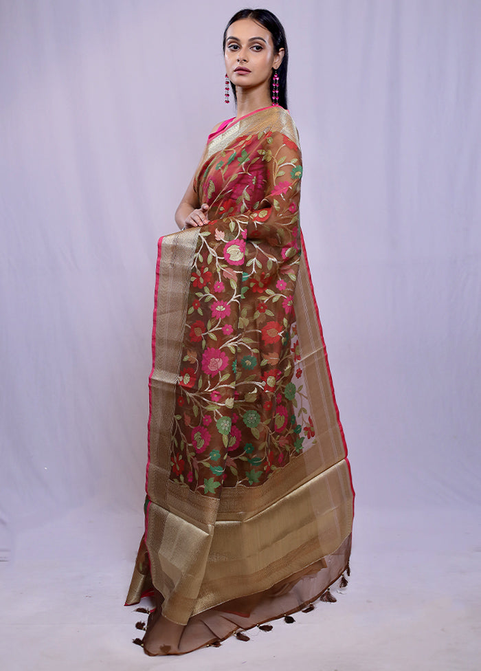 Maroon Organza Saree With Blouse Piece