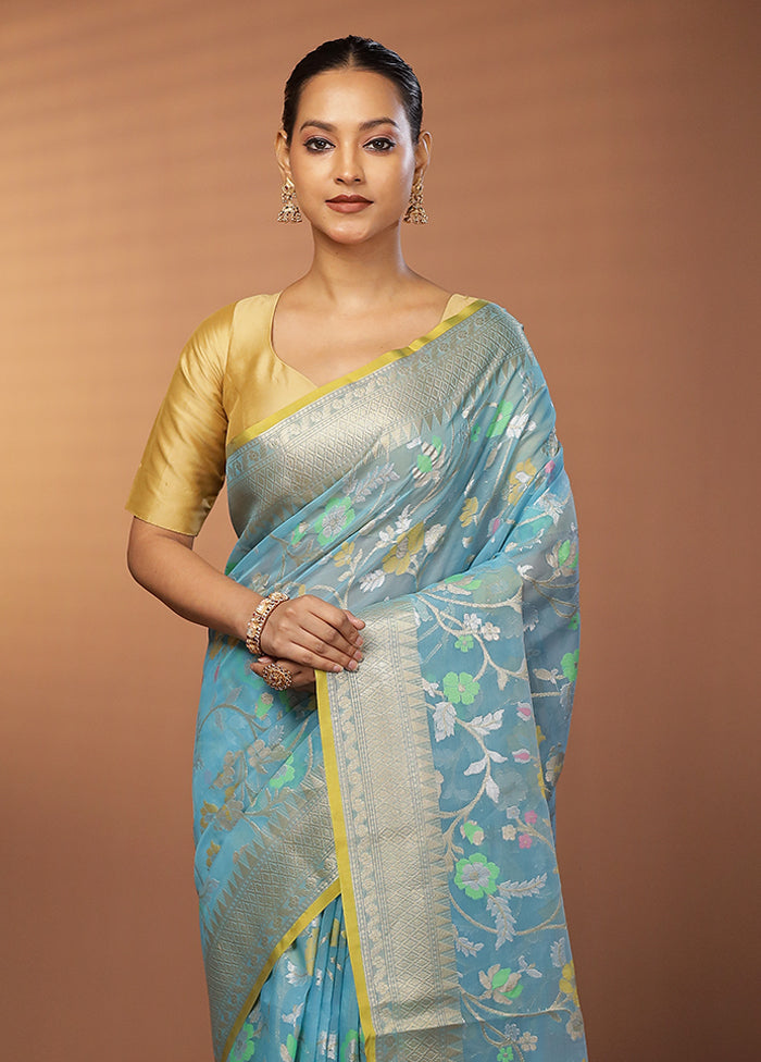 Blue Organza Saree With Blouse Piece