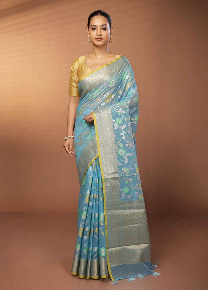 Blue Organza Saree With Blouse Piece