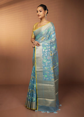 Blue Organza Saree With Blouse Piece