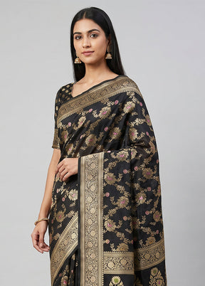 Black Handloom Katan Pure Silk Saree With Blouse Piece