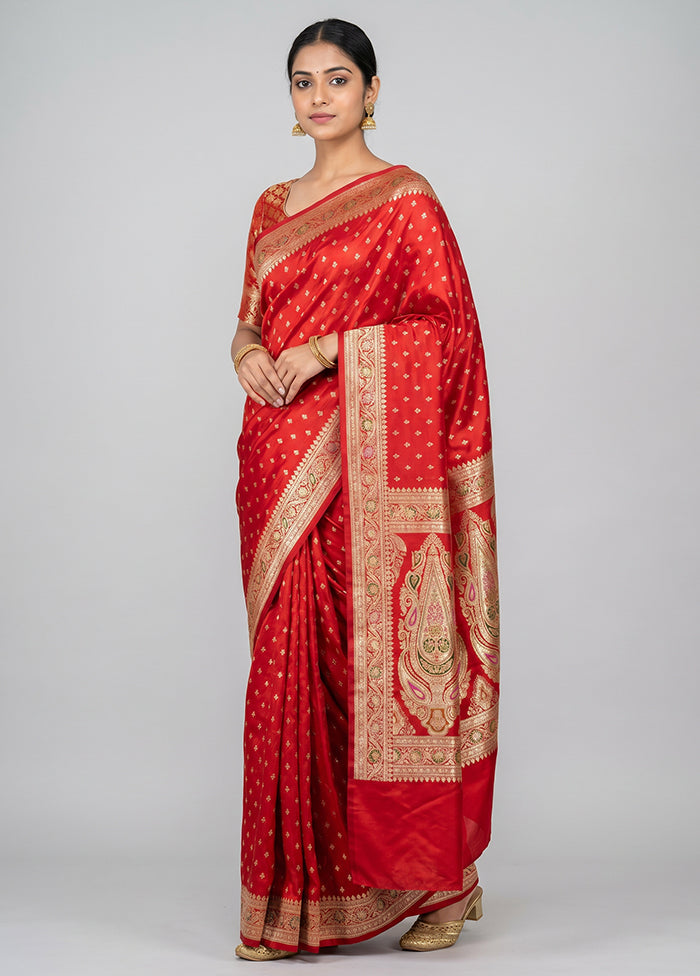 Red Handloom Banarasi Pure Silk Saree With Blouse Piece