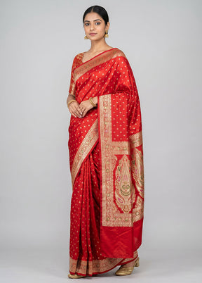 Red Handloom Banarasi Pure Silk Saree With Blouse Piece
