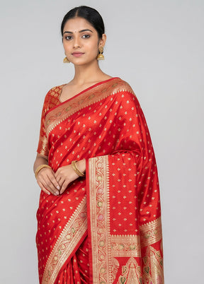 Red Handloom Banarasi Pure Silk Saree With Blouse Piece
