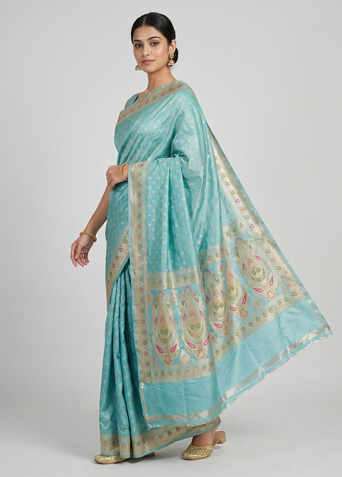 Blue Handloom Banarasi Pure Silk Saree With Blouse Piece