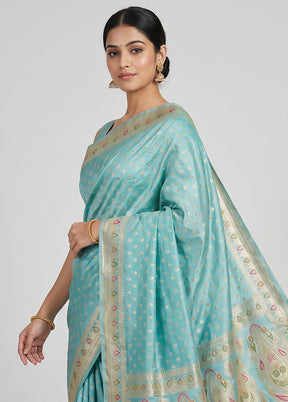 Blue Handloom Banarasi Pure Silk Saree With Blouse Piece