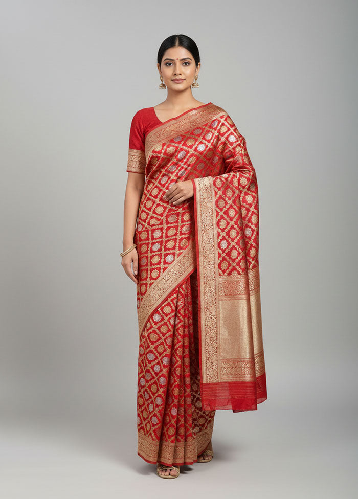 Red Handloom Katan Pure Silk Saree With Blouse Piece