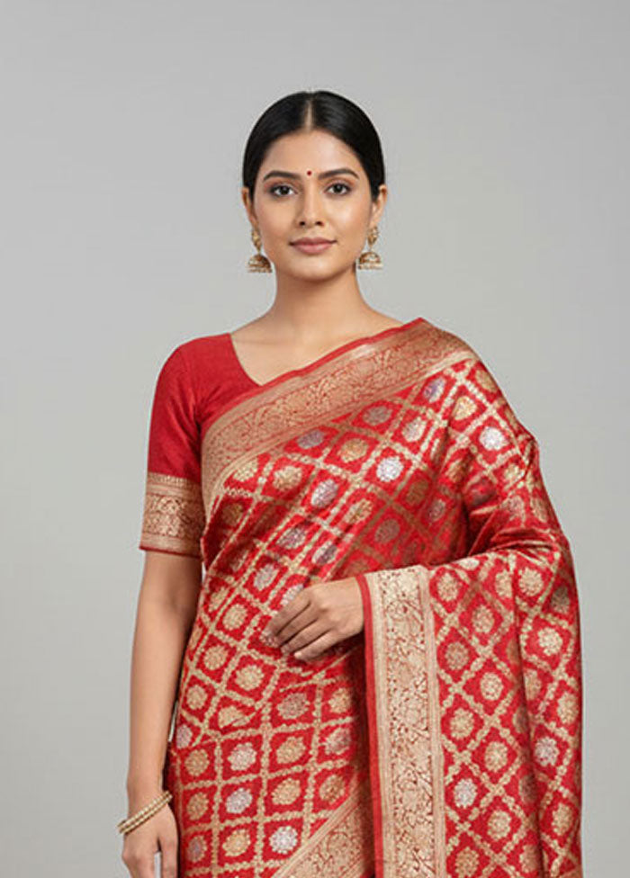 Red Handloom Katan Pure Silk Saree With Blouse Piece