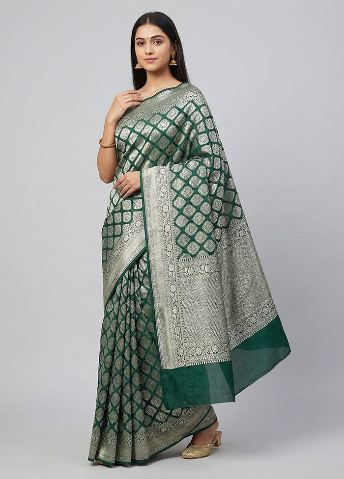 Green Handloom Pure Georgette Saree With Blouse Piece