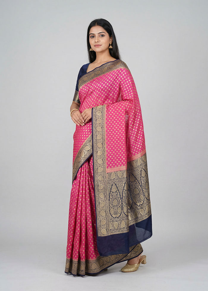 Pink Handloom Pure Georgette Saree With Blouse Piece