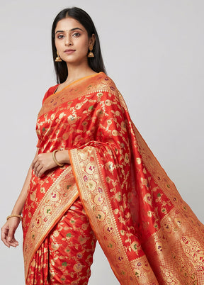 Red Handloom Uppada Pure Silk Saree With Blouse Piece