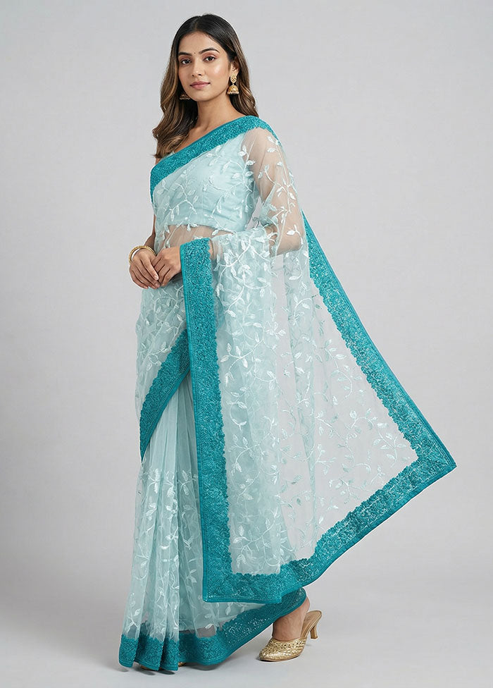 Blue Organza Saree With Blouse Piece
