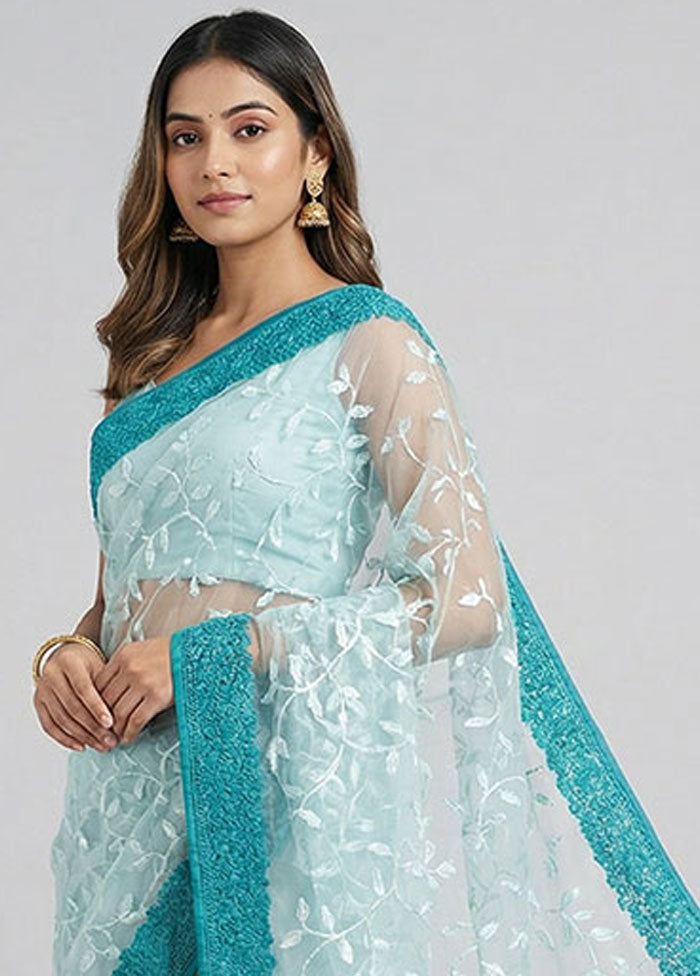 Blue Organza Saree With Blouse Piece