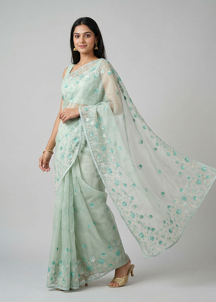 Green Organza Saree With Blouse Piece