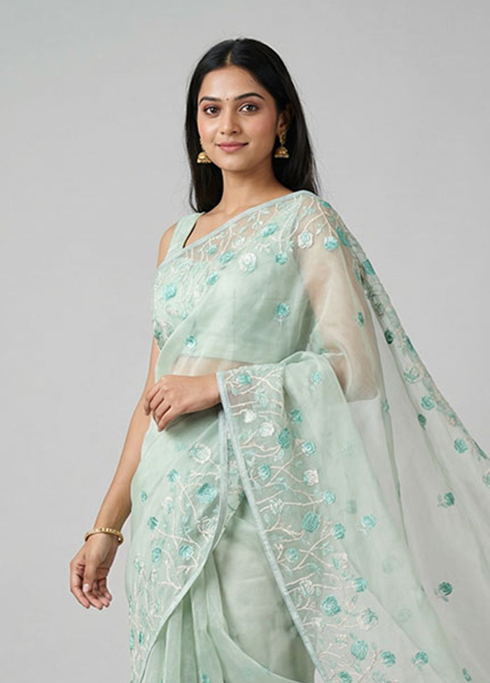 Green Organza Saree With Blouse Piece