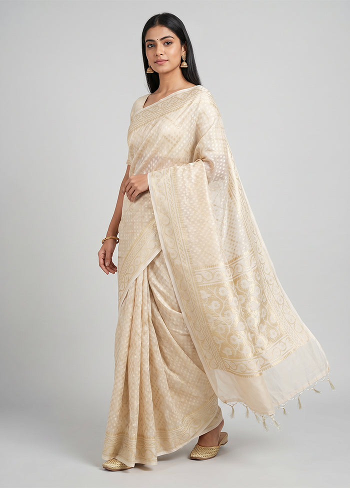 Cream Kora Silk Saree With Blouse Piece