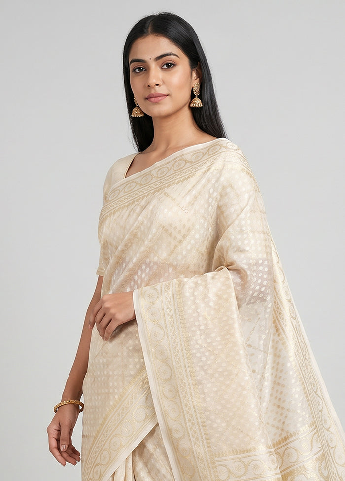 Cream Kora Silk Saree With Blouse Piece