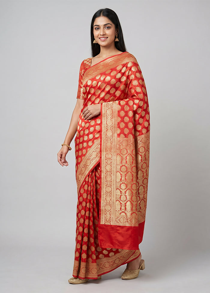 Red Handloom Banarasi Pure Silk Saree With Blouse Piece