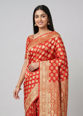 Red Handloom Banarasi Pure Silk Saree With Blouse Piece