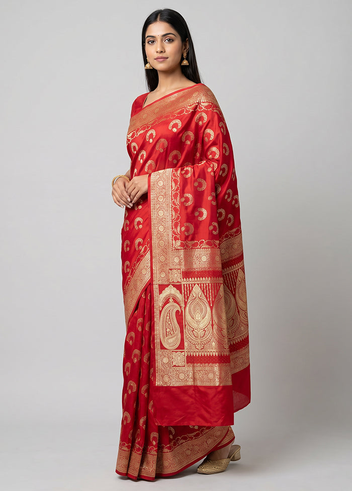 Red Banarasi Silk Saree With Blouse Piece
