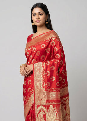 Red Banarasi Silk Saree With Blouse Piece