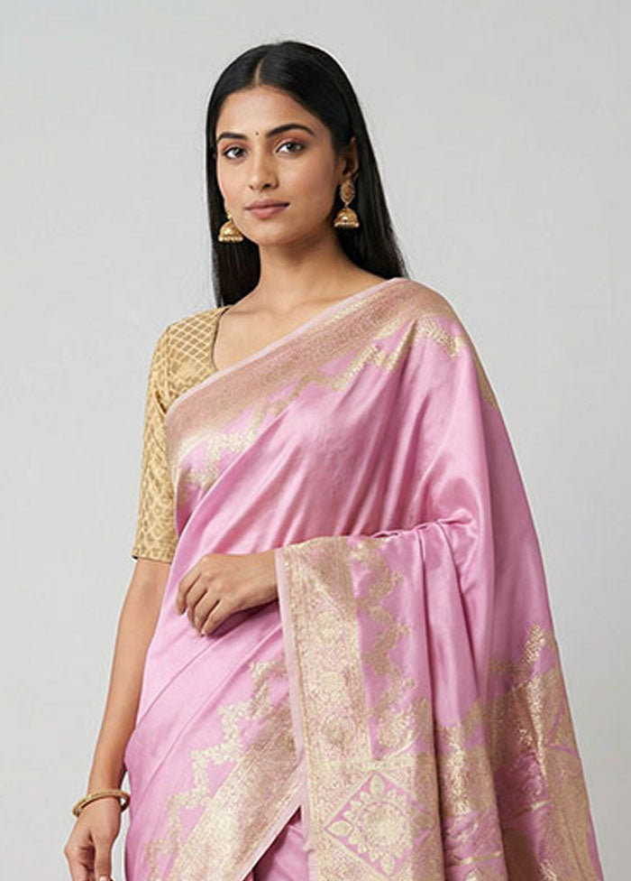 Pink Banarasi Silk Saree With Blouse Piece
