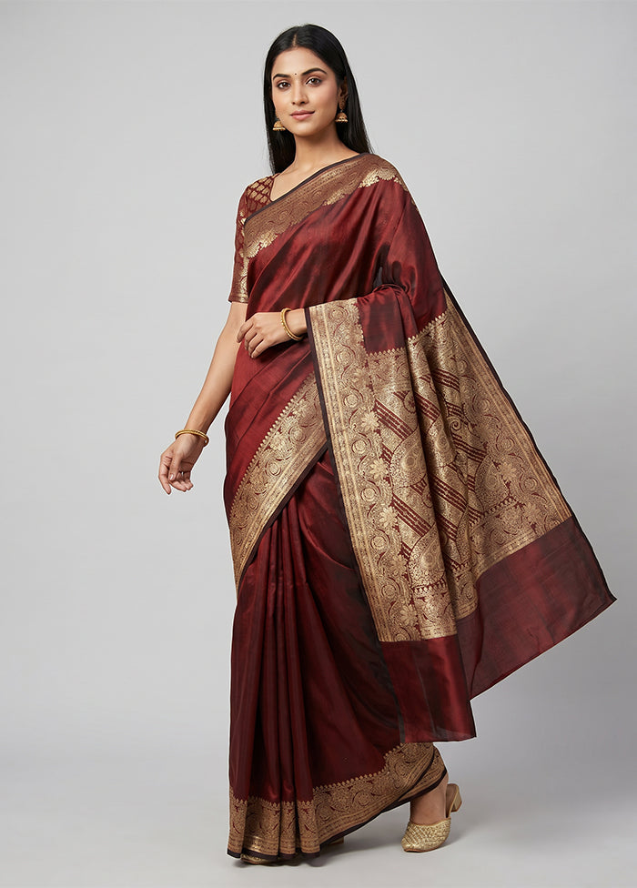 Maroon Banarasi Silk Saree With Blouse Piece