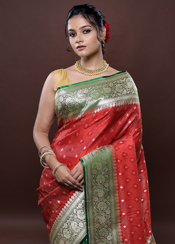Red Tanchoi Banarasi Silk Saree With Blouse Piece