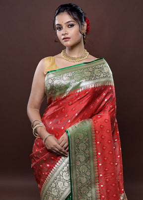 Red Tanchoi Banarasi Silk Saree With Blouse Piece