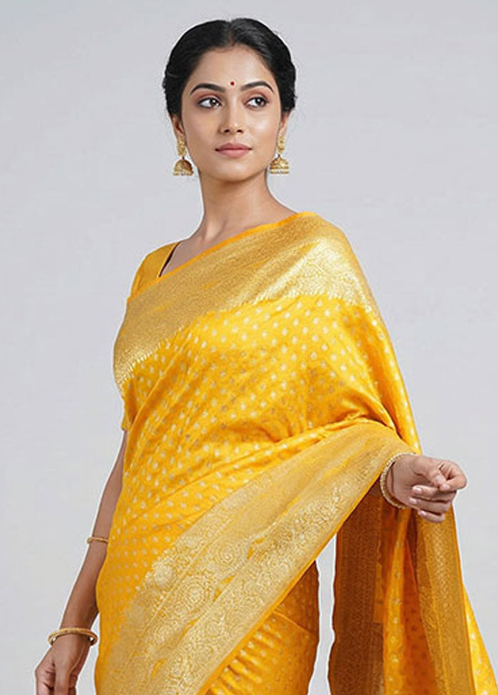 Yellow Banarasi Silk Saree With Blouse Piece