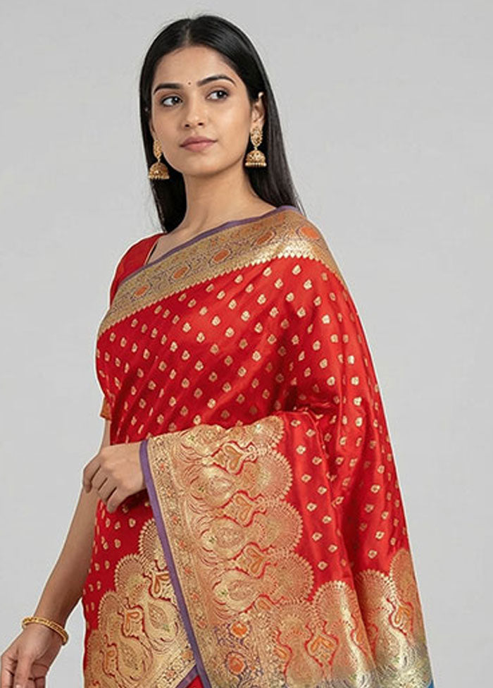 Red Banarasi Silk Saree With Blouse Piece