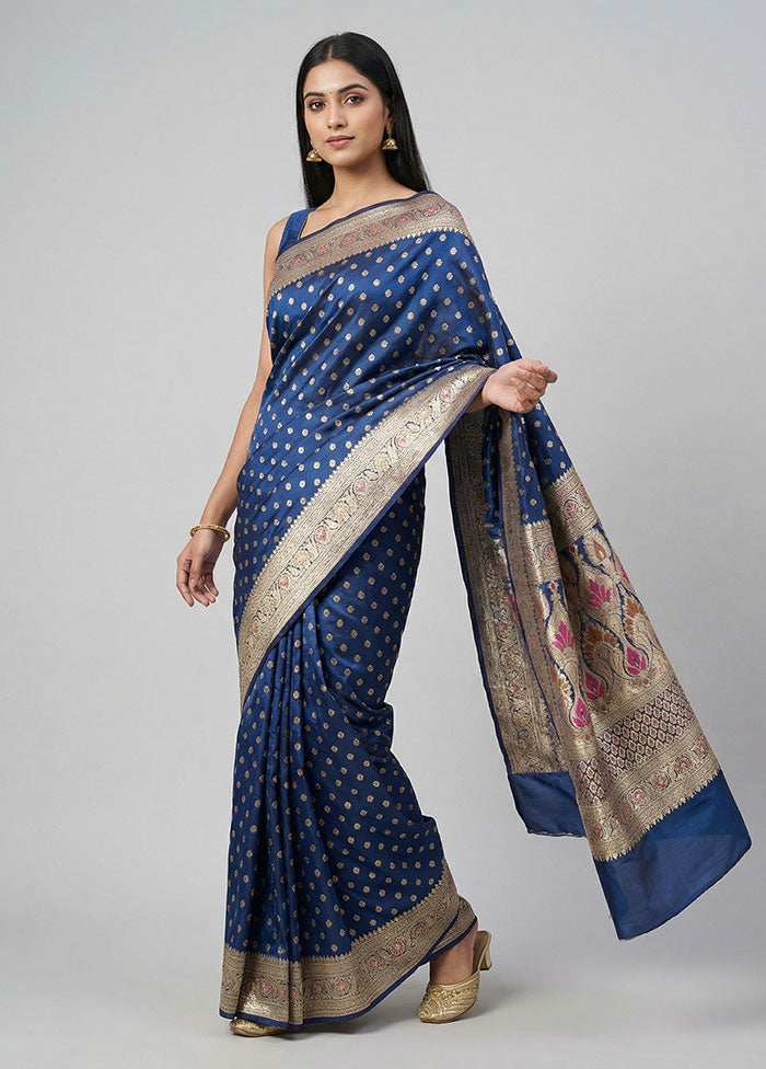 Blue Handloom Banarasi Pure Silk Saree With Blouse Piece