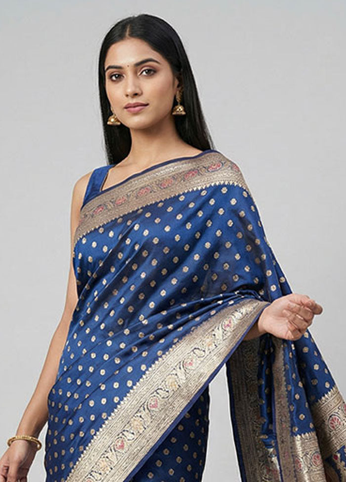 Blue Handloom Banarasi Pure Silk Saree With Blouse Piece