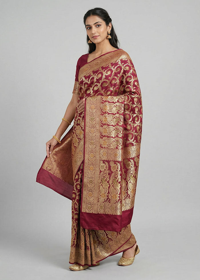 Maroon Handloom Banarasi Pure Silk Saree With Blouse Piece